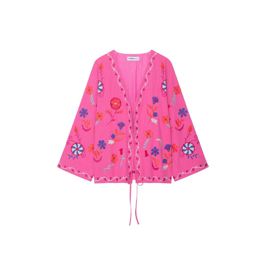 Damen Oversize Leichte Baumwoll-Cardiganjacke mit farbenfroher Blumenstickerei Shop Nory