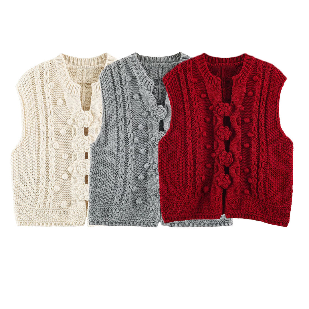 Damen Strickweste mit Zopfmuster, Blumenapplikationen und Noppenstruktur Shop Nory