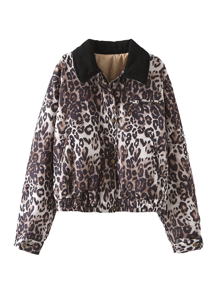 Damen Kurze Stepp-Blousonjacke im Leopardenmuster mit Cordkragen Shop Nory