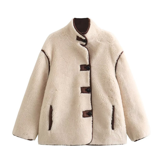 Damen Kurz geschnittener Oversize Teddy-Mantel mit Stehkragen und Kontrastpaspeln Shop Nory