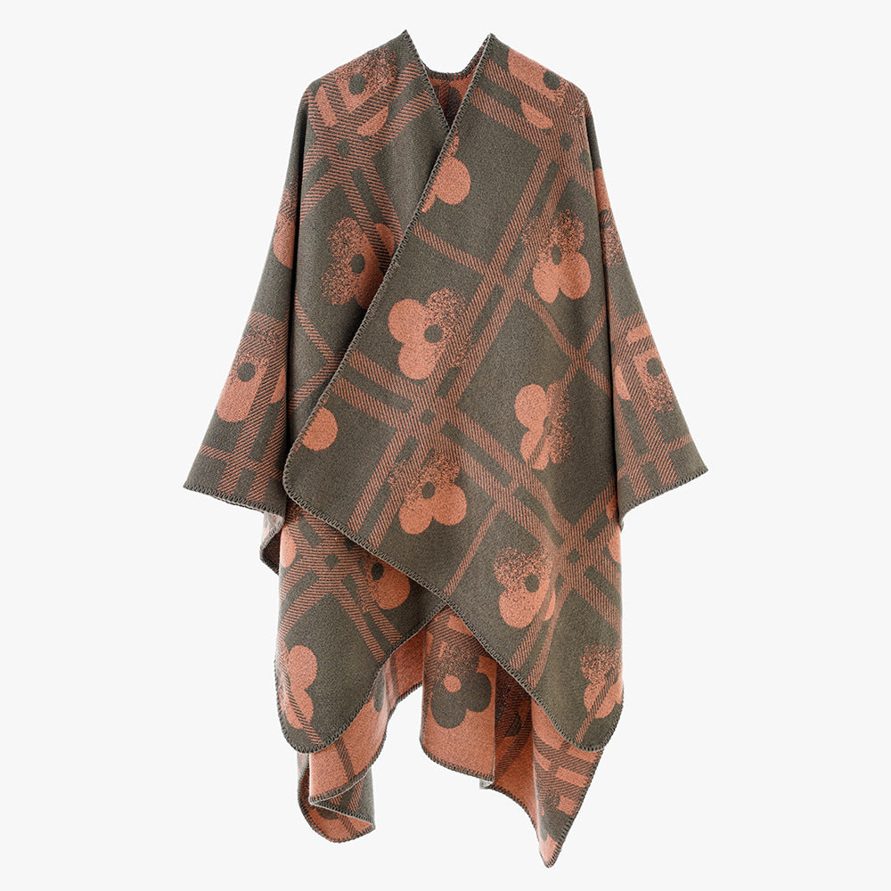 Damen Grobgewebter Deckenponcho im Ruana‑Schnitt mit floraler Karo‑Jacquard Shop Nory