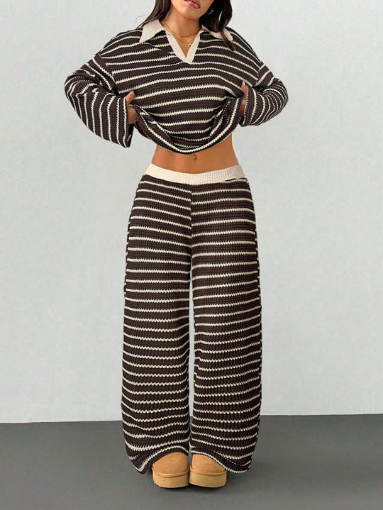 Damen Gestreiftes Strick-Set aus Polokrippenpullover und weiten Palazzo-Strickhose Shop Nory