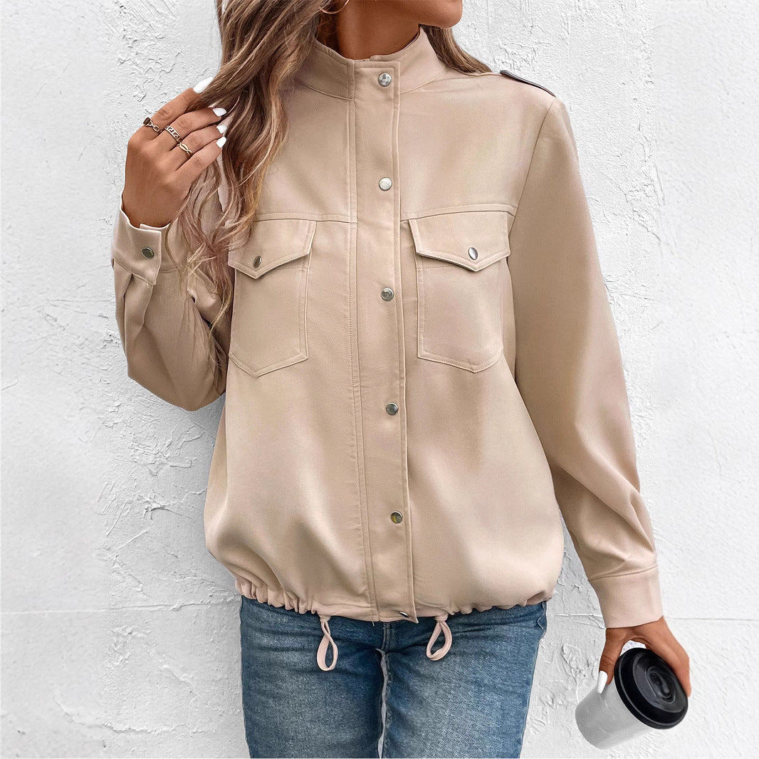 Damen Oversize Hemdjacke mit Druckknopf-Front, Brustklappen und Tunnelzugsaum Shop Nory