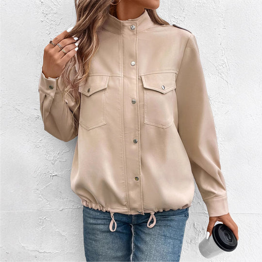Damen Oversize Hemdjacke mit Druckknopf-Front, Brustklappen und Tunnelzugsaum Shop Nory