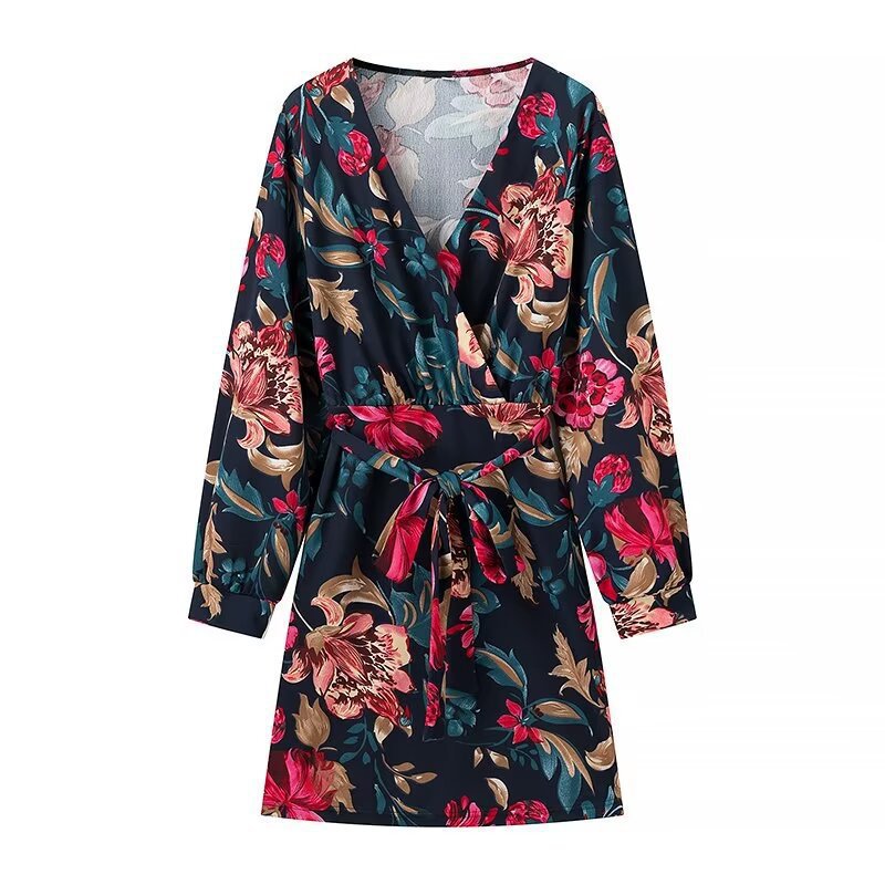 Damen Wickel‑Minikleid mit floralem Alloverprint, V‑Ausschnitt und Taillenband Shop Nory