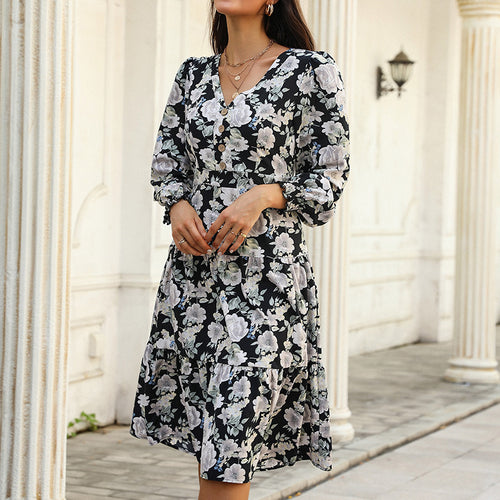 Damen Midikleid mit Stufenrock, V‑Ausschnitt, Taillennaht und gerafften Armabschlüssen Shop Nory