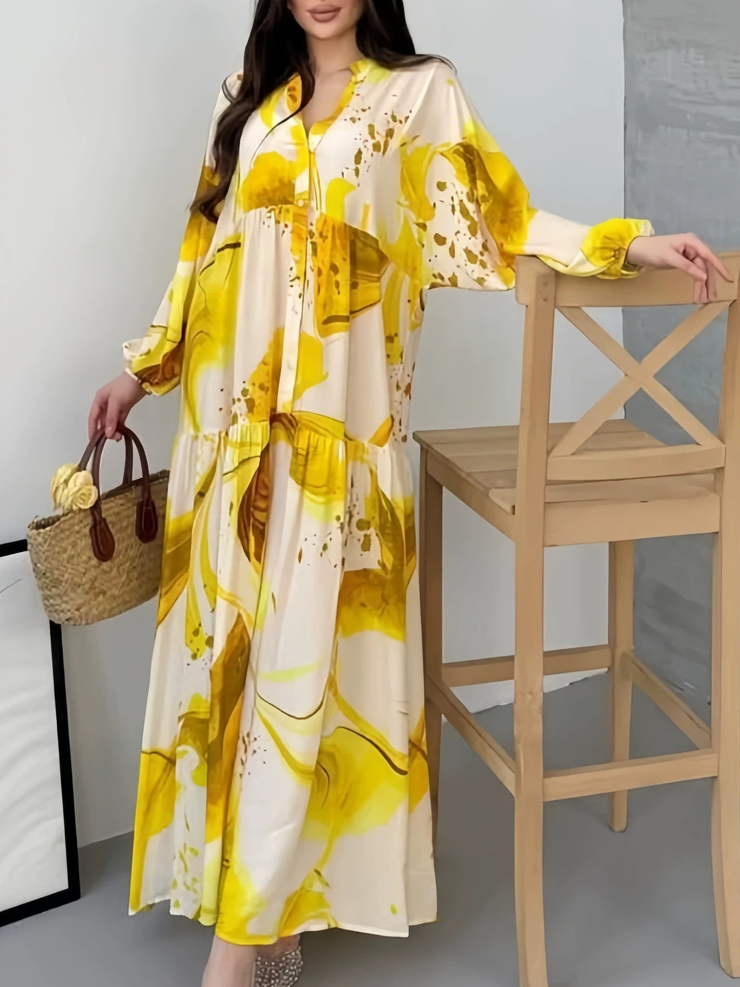 Damen Fließendes Maxikleid mit Stufenrock, überschnittenen Ballonärmeln und Stehkragen Shop Nory