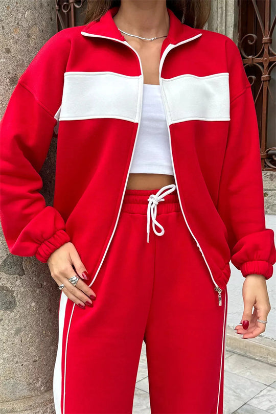 Damen Komfortables Campus-Lounge-Set mit kurzem Reißverschluss-Top und Seitenstreifen-Jogger Shop Nory