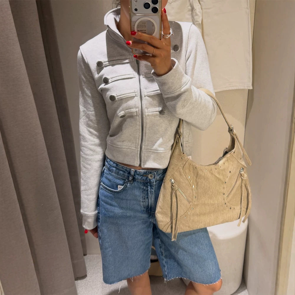 Damen Kurzgeschnittene Sweatjacke im Military-Look mit Stehkragen Shop Nory