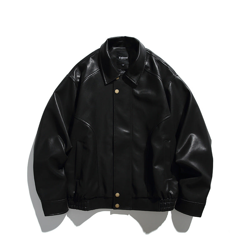 Herren Boxy-Lederimitat-Bomberjacke mit verdeckter Druckknopfleiste, elastischem Saum und aufgesetzten Eingrifftaschen Shop Nory