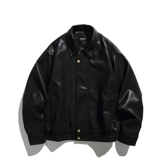 Herren Boxy-Lederimitat-Bomberjacke mit verdeckter Druckknopfleiste, elastischem Saum und aufgesetzten Eingrifftaschen Shop Nory