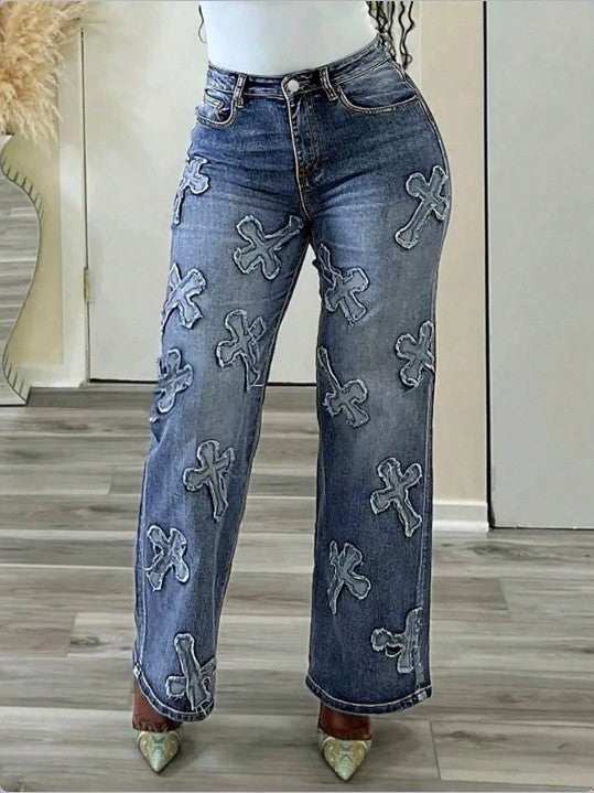 Damen Hochtaillierte Straight‑Leg‑Jeans mit Fransen‑Kreuz‑Applikationen Shop Nory
