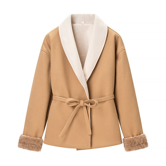 Damen Kurzblazer‑Mantel mit Kimono‑Schalkragen, Taillengürtel und Kunstfell‑Bündchen Shop Nory