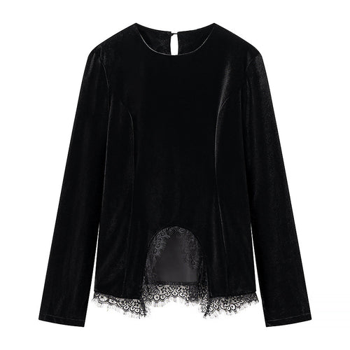 Damen Samt-Langarmshirt mit Spitzenbesatz und gewölbtem Saum Shop Nory