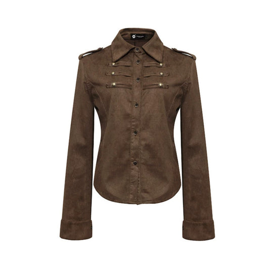 Damen Militärische Velours‑Optik Jacke mit Schulterklappen und Zierriegeln Shop Nory
