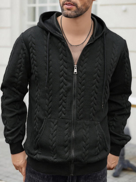 Herren strukturierte Kapuzen-Sweatjacke mit Zopfmuster, durchgehendem Reißverschluss und Kängurutasche Shop Nory