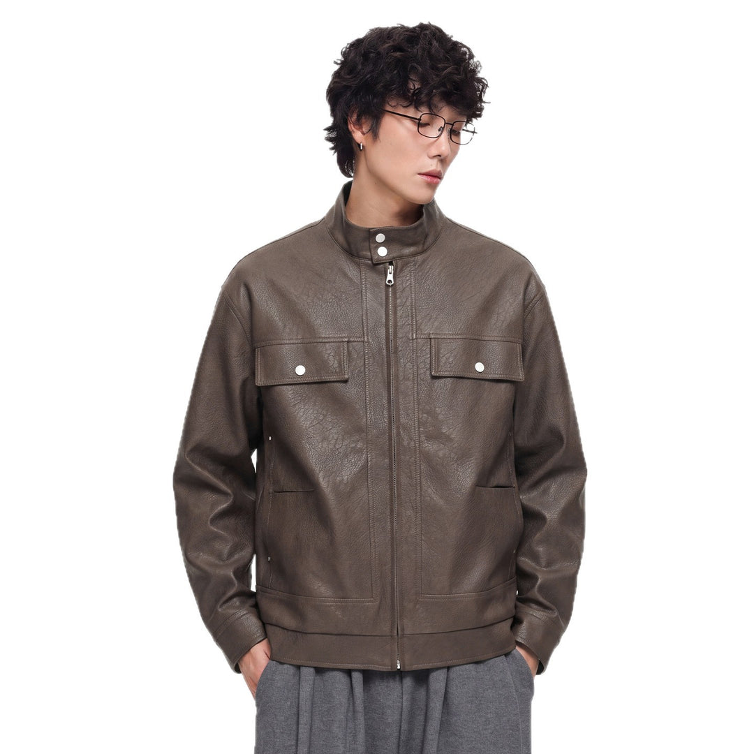 Herren Lederjacke im Fieldstil mit Stehkragen, Brustklappen und Reißverschluss Shop Nory