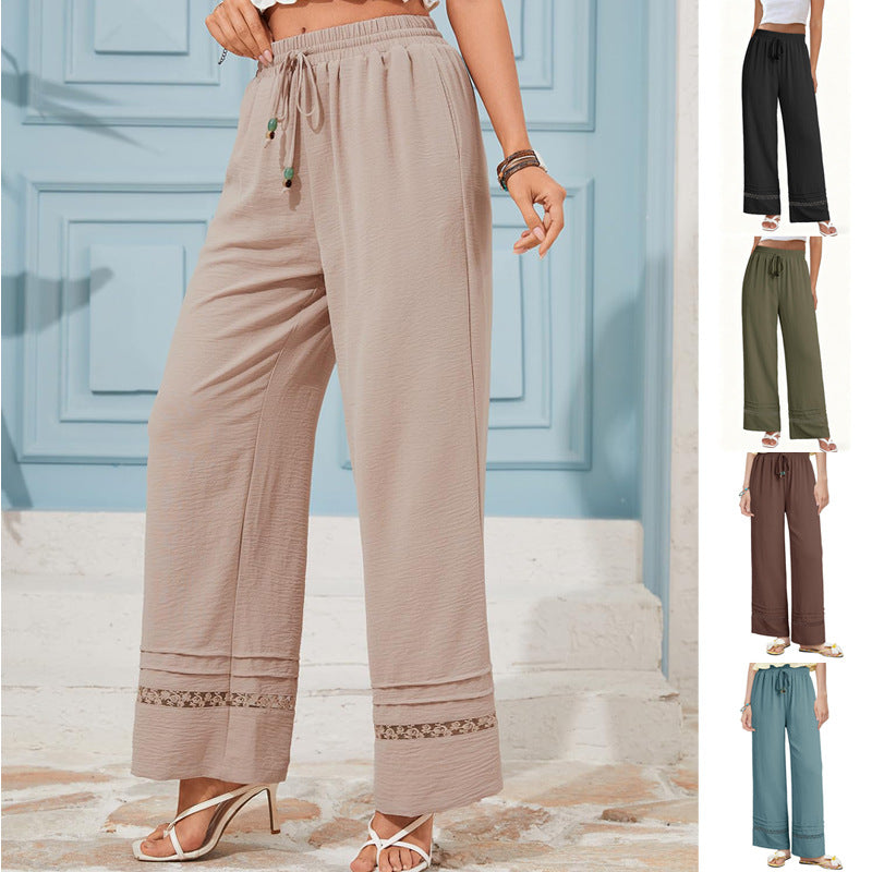 Damen Weite Leinenoptik-Hose mit hohem Gummibund, Bindekordel und Spitzeneinsatz Shop Nory