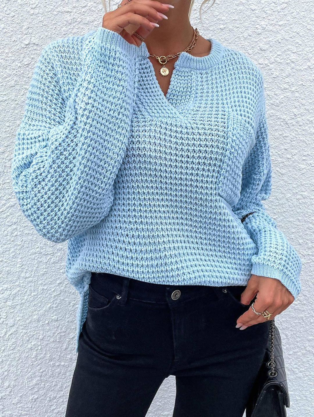 Damen Waffelstrick-Pullover mit V-Schlitz, oversized Schnitt und Ballonärmeln Shop Nory
