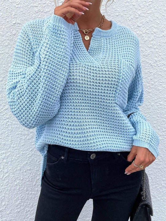 Damen Waffelstrick-Pullover mit V-Schlitz, oversized Schnitt und Ballonärmeln Shop Nory