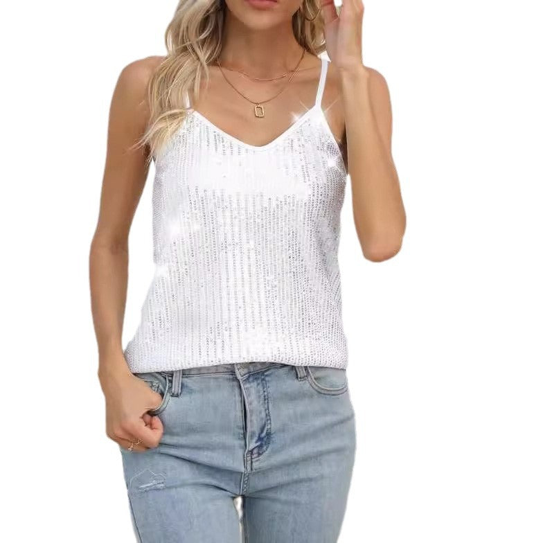 Damen Glitzerndes Spaghettiträger-Top mit V-Ausschnitt