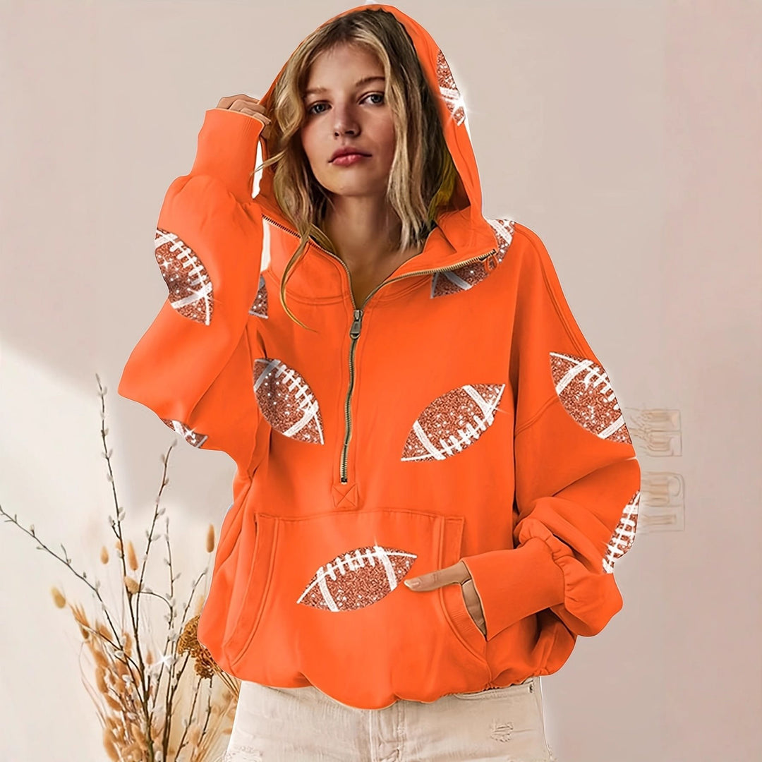 Damen Oversized Kapuzenpullover mit halbem Reißverschluss und Pailletten‑Football-Applikation Shop Nory