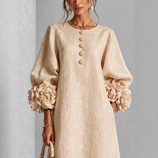 Damen Midikleid aus Leinen mit Ballonärmeln und 3D-Blütenmanschetten Shop Nory
