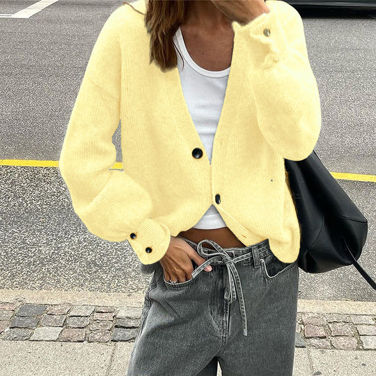 Damen nan lässige Strickjacke mit tiefem V-Ausschnitt, aufgesetzten Knopfleisten und Ballonärmeln Shop Nory