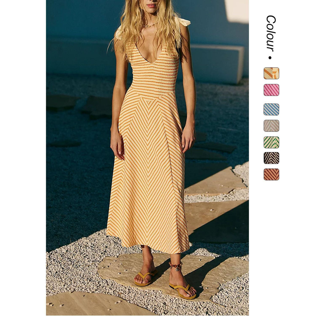 Damen Maxi-Sommerkleid mit verspielten Trägern und elegantem V-Ausschnitt
