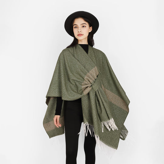 Damen Wollmix-Capeponcho mit Bindeschlaufen, weichgewebtem Oversize-Überwurf und Fransensaum Shop Nory