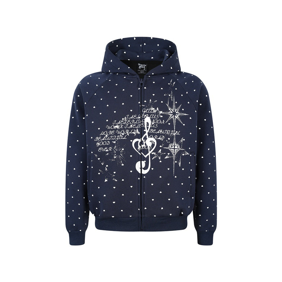 Damen Zip‑Hoodie im Herz-Allover mit Notenschlüssel‑Print und Kängurutaschen Shop Nory