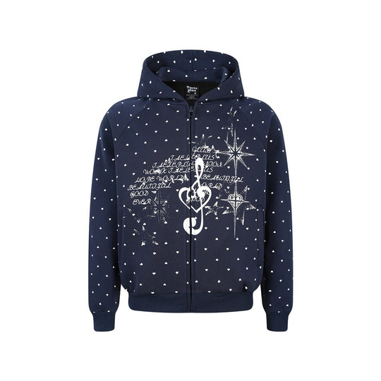 Damen Zip‑Hoodie im Herz-Allover mit Notenschlüssel‑Print und Kängurutaschen Shop Nory