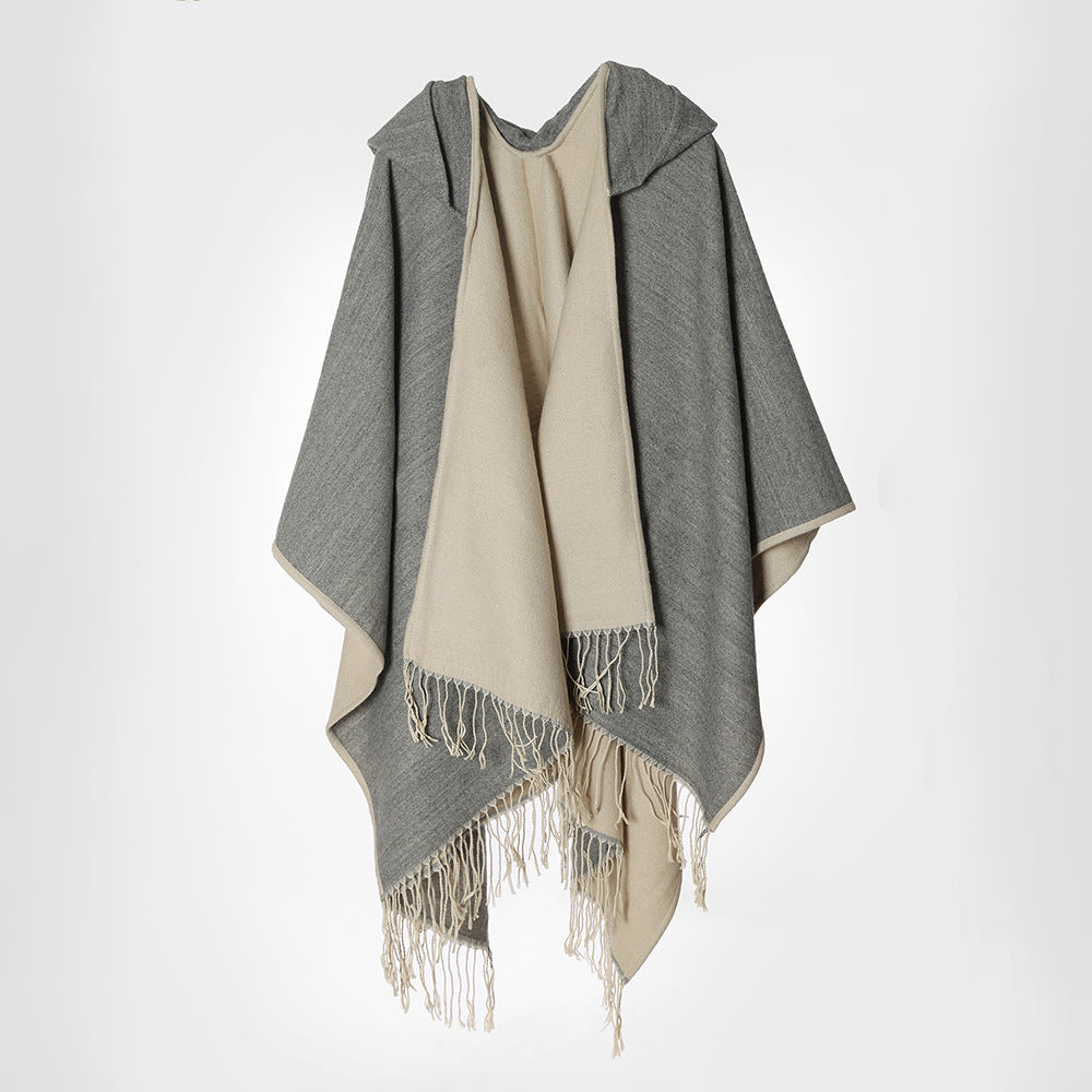 Damen Kapuzencape im Oversize-Überwurf aus Wollmix mit Wendefunktion und Fransensaum Shop Nory