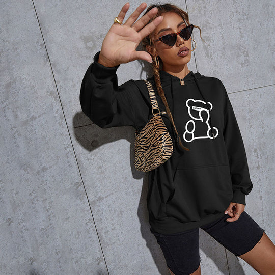 Damen Oversize-Kapuzenpullover mit Teddy-Grafik, Kängurutasche und Tunnelzug Shop Nory