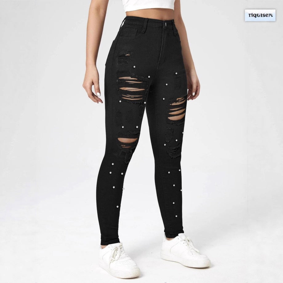 Damen Hochtaillierte zerrissene Skinny-Jeans mit Perlenbesatz und Sculpting-Effekt Shop Nory