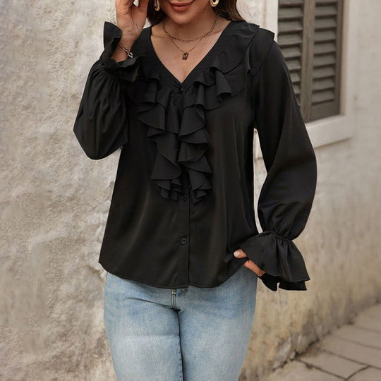 Damen feminine Rüschenbluse mit V-Ausschnitt Volantreihe und Glockenärmeln Shop Nory