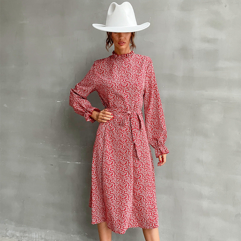 Damen Midikleid mit Stehkragen, Taillengürtel und Volantärmeln Shop Nory
