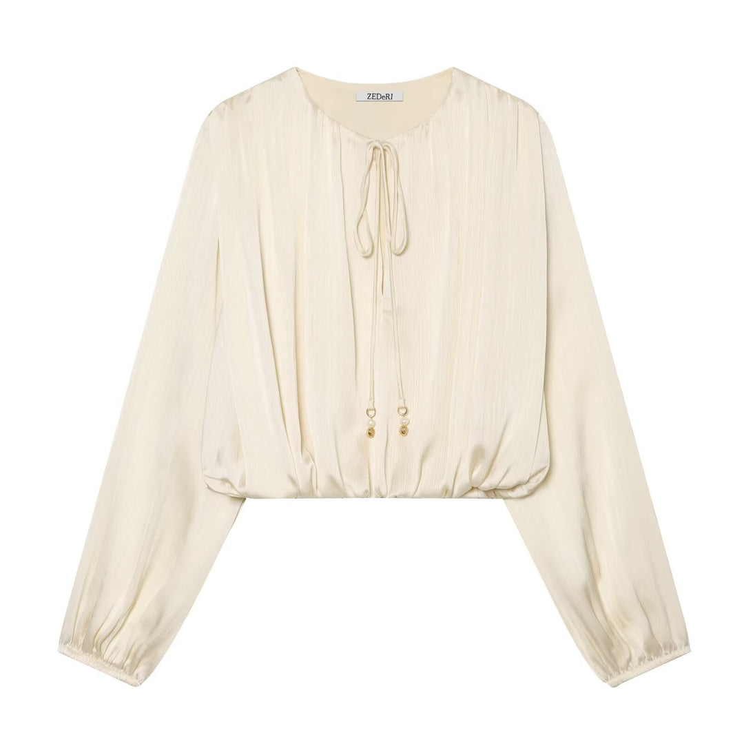 Damen Cropped Plissee-Bluse mit Kordelverschluss und Ballonärmeln Shop Nory