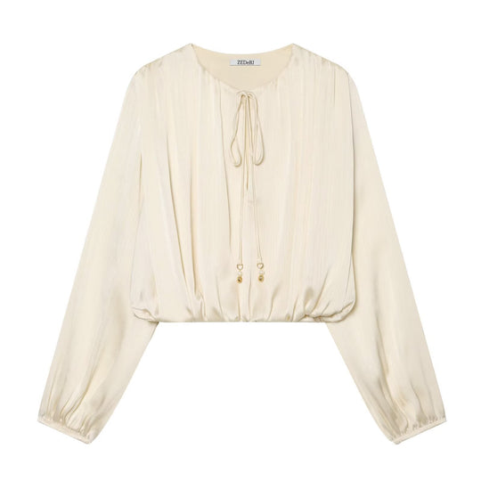 Damen Cropped Plissee-Bluse mit Kordelverschluss und Ballonärmeln Shop Nory