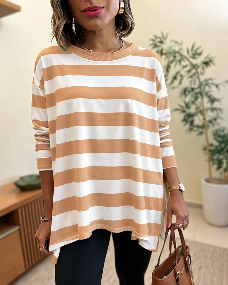 Damen Oversized Streifen-Longsleeve mit Rundhalsausschnitt und abgerundetem Saum Shop Nory