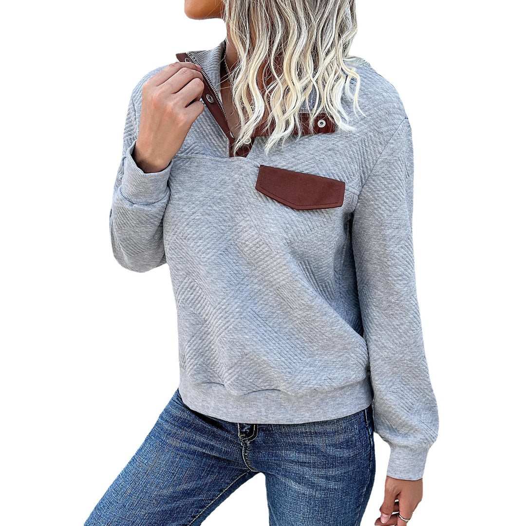 Damen Texturierter Stehkragen-Sweatshirt mit Druckknopf-Leiste und Zierpatte Shop Nory
