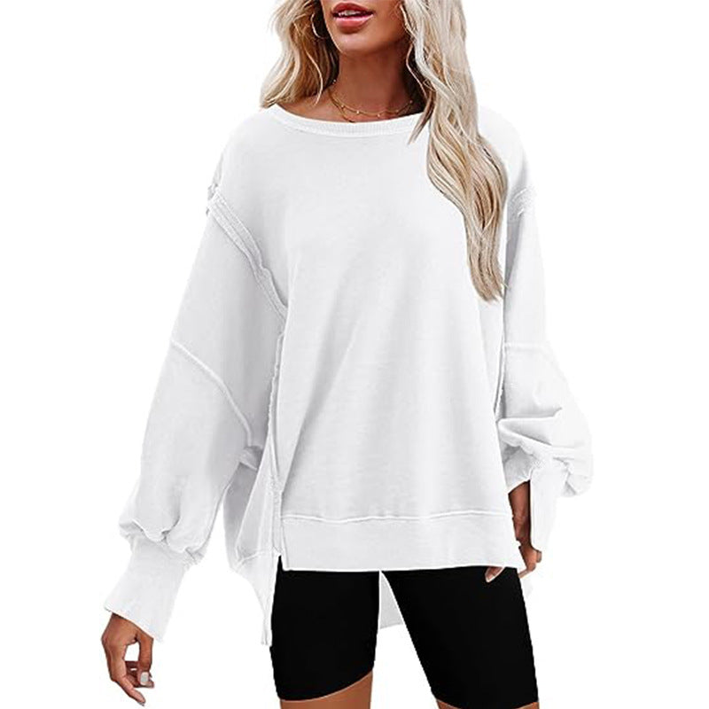 Damen Oversized Sweatshirt mit Ballonärmeln, seitlichen Schlitzen und offenen Kanten Shop Nory