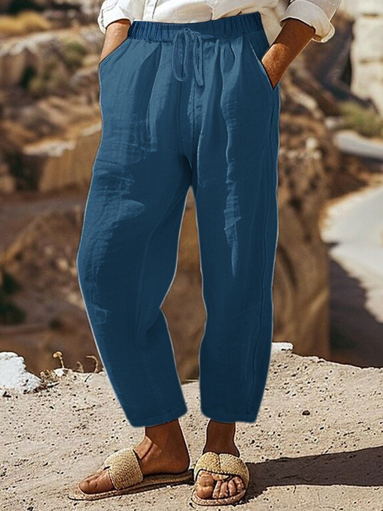 Damen Casual-Chino Leinenoptik Culotte mit elastischem Tunnelzugbund und Eingrifftaschen Shop Nory