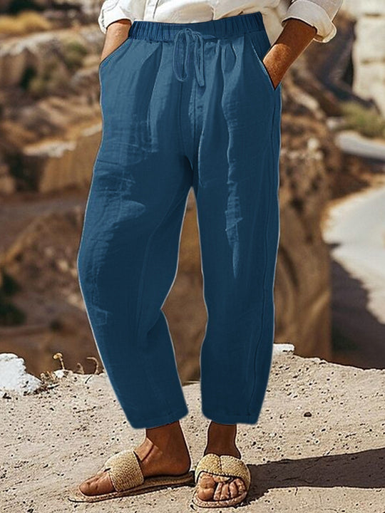 Damen Casual-Chino Leinenoptik Culotte mit elastischem Tunnelzugbund und Eingrifftaschen Shop Nory