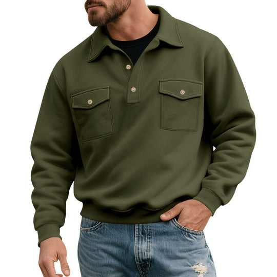 Herren nan legerer Button-Polo-Sweatshirt mit aufgesetzten Brustklappen und gerippten Bündchen Shop Nory