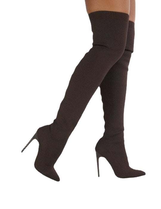 Damen Overknee Stiefel mit elegantem spitzem Absatz und modischem Strickdesign
