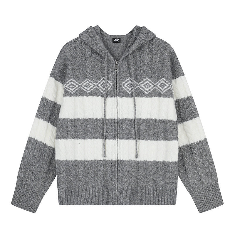 Damen Grobstrick-Kapuzencardigan mit Zopfstrick, Blockstreifen und durchgehendem Reißverschluss Shop Nory