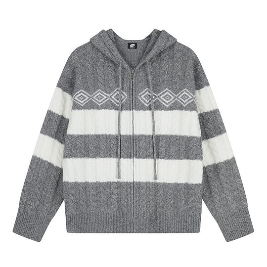 Damen Grobstrick-Kapuzencardigan mit Zopfstrick, Blockstreifen und durchgehendem Reißverschluss Shop Nory