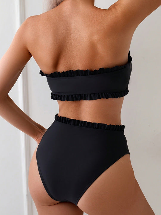 Damen Bandeau-Bikini mit voluminösen Rüschendetails und hohem Bund