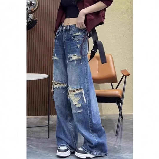 Damen Baggy-Jeans mit modischen Rissdetails und hohem Taillenbund Shopnory